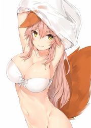 Rule 34 | 10s, 1girl, animal ears, bottomless, bow, bow bra, bra, breasts, cleavage, closed mouth, clothes lift, collarbone, commentary request, fang, fang out, fate/extra, fate (series), fox ears, fox tail, highres, large breasts, lifting own clothes, long hair, looking at viewer, navel, out-of-frame censoring, pink hair, ribbon, shirt, shirt lift, silver (chenwen), simple background, solo, standing, stomach, tail, tamamo (fate), tamamo no mae (fate/extra), underwear, undressing, white background, white bra, white ribbon, white shirt, yellow eyes