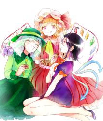 Rule 34 | 3girls, adapted costume, artist name, black hair, blonde hair, blush, bow, closed eyes, collar, colored eyelashes, cookie, diamond (shape), dress, eating, flandre scarlet, food, frilled collar, frilled shirt collar, frilled skirt, frills, green hair, green skirt, happy, hat, hat bow, highres, houjuu nue, komeiji koishi, legs, long skirt, long sleeves, mob cap, multicolored hair, multiple girls, nail polish, open mouth, pink eyes, purple dress, purple footwear, purple nails, red dress, ribbon, rosette (roze-ko), shoes, short dress, short hair, short sleeves, side ponytail, simple background, single wing, skirt, smile, striped clothes, striped dress, thighs, third eye, touhou, two-tone hair, white background, wings