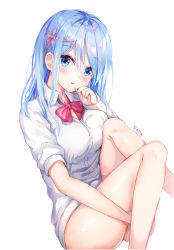 Rule 34 | 10s, 1girl, alternate costume, alternate hair length, alternate hairstyle, artist name, ass, bare legs, blue eyes, blue hair, bow, bowtie, breasts, collared shirt, commentary, dana (hapong07), dress shirt, feet out of frame, hair ornament, hair ribbon, hairclip, hand on own face, head tilt, highres, knees up, long hair, long sleeves, looking at viewer, medium breasts, no pants, parted lips, pink bow, pink bowtie, pink ribbon, re:zero kara hajimeru isekai seikatsu, rem (re:zero), ribbon, shirt, simple background, sitting, smile, solo, white background, wing collar, x hair ornament