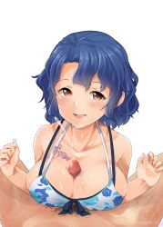 Rule 34 | 1boy, 1girl, bikini, blue bikini, blue hair, blush, breast press, breasts, brown eyes, censored, collarbone, cum, cum on body, cum on breasts, cum on upper body, ejaculation, front-tie bikini top, front-tie top, heart, hetero, highres, idolmaster, idolmaster million live!, large breasts, layered swimsuit, looking at viewer, male pubic hair, mosaic censoring, open mouth, paizuri, parted bangs, penis, pov, pubic hair, short hair, simple background, smile, solo focus, strap gap, sweat, swimsuit, toyokawa fuka, twitter username, wavy hair, white background, whitecheese tan