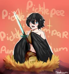 Rule 34 | 1girl, artist name, bad deviantart id, bad id, bare shoulders, bird legs, black hair, black wings, blue eyes, blush, bob cut, collarbone, dark souls (series), dark souls iii, english text, excited, feathered wings, fubukizami, hair between eyes, harpy, holding, holding sword, holding weapon, looking at object, midriff, midriff peek, monster girl, navel, nest, open mouth, orange background, pickle pee pump-a-rum crow, rags, short hair, signature, sitting, solo, sparkle, sparkling eyes, sword, weapon, winged arms, wings