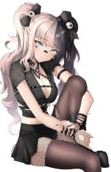 Rule 34 | 1girl, absurdres, black choker, black footwear, black hair, black shirt, black skirt, blue eyes, boots, bow, breasts, brown thighhighs, choker, cleavage, earrings, facial mark, fishnet thighhighs, fishnets, goth fashion, gothic, hair bow, highres, indie virtual youtuber, jewelry, knee up, large breasts, long hair, looking at viewer, midriff, miniskirt, multicolored hair, multiple straps, nail polish, shirt, short sleeves, sidelocks, simple background, sitting, skirt, solo, steeb, strap, thighhighs, twintails, two-tone hair, virtual youtuber, white background, white hair