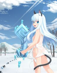 Rule 34 | 1girl, amamiya minato, animal ears, bad id, bad pixiv id, bare legs, blue eyes, blue hair, blunt bangs, breasts, cat ears, cat tail, cloud, day, dress, highres, lens flare, long hair, matching hair/eyes, medium breasts, no panties, pixiv fantasia, pixiv fantasia 4, see-through, sideboob, sky, snow, solo, statue, sundress, tail, white hair, winter