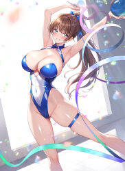 1girl armpits arms_up bare_arms bare_shoulders blue_nails blush breasts brown_hair cleavage commentary_request covered_navel feet_out_of_frame green_eyes gymnastics hair_ornament highleg highleg_leotard highres holding large_breasts leotard long_hair looking_at_viewer multicolored_leotard nail_polish original parted_lips ponytail rhythmic_gymnastics ribbon skindentation smile solo standing studiopokotan thigh_strap thighs two-tone_leotard