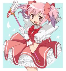 Rule 34 | 1girl, :d, blush, cardcaptor sakura, chabashira (otya), cosplay, dress, fuuin no tsue, gloves, highres, kaname madoka, kinomoto sakura, kinomoto sakura (cosplay), magical girl, mahou shoujo madoka magica, mahou shoujo madoka magica (anime), open mouth, pink eyes, pink hair, short hair, short twintails, smile, solo, trait connection, twintails, wand, white gloves, wings