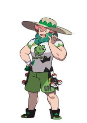 Rule 34 | 1boy, absurdres, artist request, black footwear, creatures (company), dynamax band, freckles, full body, game freak, gloves, green eyes, green gloves, green shorts, gym leader, hand on own hip, hand up, happy, hat, highres, looking to the side, male focus, milo (pokemon), muscular, nintendo, official art, open mouth, outline, pink hair, poke ball, poke ball (basic), pokemon, pokemon swsh, shoes, short sleeves, shorts, simple background, single glove, smile, solo, standing, sun hat, teeth, transparent background, white outline, wristband