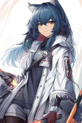 Rule 34 | 1girl, absurdres, animal ear fluff, animal ears, arknights, black pantyhose, black sweater, blue hair, closed mouth, cowboy shot, dual wielding, fur-trimmed jacket, fur trim, gloves, highres, holding, holding sword, holding weapon, id card, jacket, jewelry, pantyhose under shorts, long hair, long sleeves, looking at viewer, necklace, official alternate costume, open clothes, open jacket, orange eyes, pantyhose, penguin4, red gloves, red hair, short shorts, shorts, simple background, smile, solo, sweater, sword, texas (arknights), texas (winter messenger) (arknights), unzipped, weapon, white background, white jacket, white shorts, wolf ears