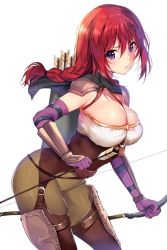 Rule 34 | 1girl, armor, arrow (projectile), belt, blurry, blush, bow (weapon), bracer, braid, breasts, capelet, cleavage, commentary request, contrapposto, cowboy shot, depth of field, gloves, hair between eyes, holding, holding arrow, holding bow (weapon), holding weapon, large breasts, leg armor, long hair, looking at viewer, mataro (matarou), original, pauldrons, purple eyes, quiver, red hair, sam browne belt, shiny skin, shoulder armor, shoulder pads, sidelocks, simple background, single braid, solo, standing, thighhighs, tsurime, v-shaped eyebrows, weapon, white background