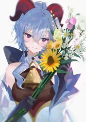 Rule 34 | 1girl, bare shoulders, bell, black gloves, blue hair, bouquet, breasts, buri (retty9349), commentary, cowbell, detached sleeves, flower, flower request, ganyu (genshin impact), genshin impact, gloves, hair between eyes, highres, holding, holding bouquet, horns, looking at viewer, medium breasts, neck bell, purple eyes, simple background, smile, solo, sunflower, teeth, upper teeth only, white background
