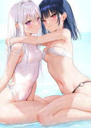 Rule 34 | 2girls, bikini, black hair, blush, breasts, cleavage, hair ornament, highres, ichigo-chan (mignon), kneeling, long hair, looking at viewer, medium hair, mignon, multiple girls, navel, o-ring, o-ring bikini, one-piece swimsuit, original, parted lips, purple eyes, red eyes, shiro-chan (mignon), small breasts, smile, swimsuit, thighs, wet, white bikini, white hair, white one-piece swimsuit