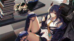 Rule 34 | 2girls, absurdres, arknights, black gloves, black shirt, blue hair, blue jacket, blue shorts, book, book stack, ch&#039;en (arknights), chair, character doll, checkered floor, chinese commentary, closed mouth, collared shirt, commentary request, computer, desk, dragon horns, feet out of frame, gloves, green hair, highres, horns, hoshiguma (arknights), jacket, kirindora, laptop, leg armor, long hair, looking at viewer, multiple girls, necktie, open clothes, open jacket, red eyes, shirt, shorts, sidelocks, sitting, sleeveless, sleeveless shirt, swire (arknights), white shirt, yellow necktie