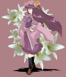 Rule 34 | 1girl, adapted costume, black socks, female focus, floral background, flower, from side, full body, hand on own hip, hat, kneehighs, lily (flower), loafers, long hair, patchouli knowledge, purple background, purple hair, shoes, socks, solo, standing, touhou