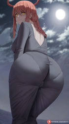 Rule 34 | 1girl, arched back, ass, back cutout, black dress, blurry, blurry background, blush, braid, braided ponytail, breasts, cameltoe, chainsaw man, closed mouth, clothing cutout, cloud, commentary, covered erect nipples, dress, from behind, hair between eyes, highres, horizon, horns, large breasts, long hair, looking to the side, makima (chainsaw man), moon, night, night sky, ocean, outdoors, pantylines, patreon logo, patreon username, red hair, shexyo, sky, solo, water, watermark, web address, yellow eyes