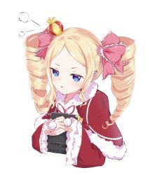 Rule 34 | 1girl, beatrice (re:zero), blonde hair, blue eyes, butterfly-shaped pupils, capelet, commentary request, cropped torso, crown, dress, drill hair, frills, fur trim, hair ribbon, holding, hugging object, long hair, long sleeves, looking at viewer, mini crown, neck ribbon, open mouth, re:zero kara hajimeru isekai seikatsu, red dress, ribbon, seiren (kkh2052), sidelocks, simple background, solo, symbol-shaped pupils, twin drills, upper body, white background