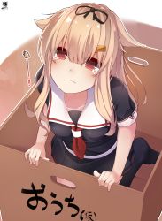Rule 34 | 1girl, absurdres, black ribbon, blonde hair, blush, box, breasts, hair flaps, hair ornament, hair ribbon, hairclip, hibiki (zerocodo), highres, in box, in container, kantai collection, long hair, looking at viewer, messy hair, neckerchief, pleated skirt, pout, red eyes, ribbon, school uniform, serafuku, sitting, skirt, solo, tearing up, translation request, yuudachi (kancolle)
