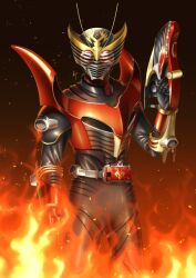 Rule 34 | 1boy, advent deck, armor, belt, bodysuit, commentary request, dragon, fire, full body, gloves, helmet, holding, holding weapon, igarashimw, kamen rider, kamen rider ryuki, kamen rider ryuki (series), kamen rider ryuki survive, looking at viewer, male focus, mask, official alternate costume, power armor, red eyes, solo, standing, tokusatsu, v buckle, weapon