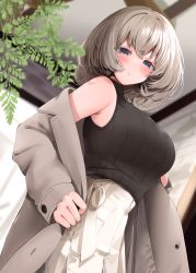 Rule 34 | 1girl, bare shoulders, black sweater, blue eyes, blush, breasts, buttons, coat, grey hair, highres, large breasts, looking at viewer, narushima kanna, open clothes, open coat, open mouth, original, plant, short hair, skirt, sleeveless, sleeveless sweater, solo, sweater, white skirt