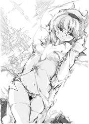 Rule 34 | 1girl, alice margatroid, beru, dutch angle, female focus, greyscale, hairband, lying, messy hair, monochrome, navel, off shoulder, on side, panties, shanghai doll, short hair, sketch, smile, solo, thighhighs, touhou, unbuttoned, underwear