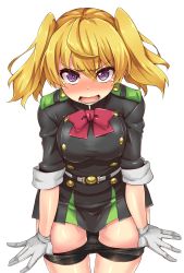 Rule 34 | 10s, 1girl, bike shorts, blonde hair, blush, bow, breasts, clothes pull, cowboy shot, crying, crying with eyes open, esoragoto, gloves, highres, large breasts, long hair, looking at viewer, military, military uniform, open mouth, owari no seraph, purple eyes, sanguu mitsuba, shorts, shorts pull, sleeves rolled up, solo, tears, twintails, uniform, white gloves