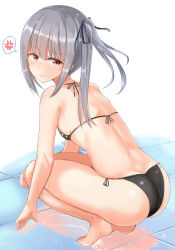 Rule 34 | 10s, 1girl, alternate costume, anger vein, ass, bare arms, bare legs, bare shoulders, barefoot, bikini, black bikini, blunt bangs, bow, breasts, brown eyes, butt crack, checkered floor, frown, hair bow, hair ribbon, kantai collection, kasumi (kancolle), kasumi kai ni (kancolle), looking at viewer, md5 mismatch, naigou, neneru, resolution mismatch, ribbon, side-tie bikini bottom, side ponytail, sidelocks, silver hair, small breasts, solo, source larger, spoken anger vein, stomach, swimsuit, toes, wet, wet clothes