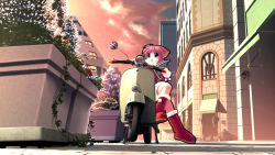 Rule 34 | 1girl, animal ears, awning, blue eyes, boots, cat ears, city, cloud, kitsupon, looking away, motor vehicle, original, outdoors, pink hair, red footwear, scenery, scooter, short hair, solo, sunset, window