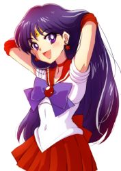 Rule 34 | 1girl, :d, armpits, arms behind head, bad id, bad pixiv id, bishoujo senshi sailor moon, black hair, bow, choker, earrings, hino rei, jewelry, long hair, looking at viewer, matyaha, official style, open mouth, pleated skirt, purple bow, purple eyes, purple hair, red skirt, sailor mars, skirt, smile, star (symbol), star earrings, very long hair, white background