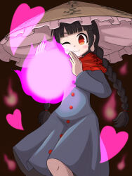 Rule 34 | 1girl, ajirogasa, aokicosumo, black hair, blush, braid, brown hat, buttons, capelet, closed mouth, clothes writing, commentary request, dress, energy ball, frilled hat, frills, grey dress, hat, heart, highres, long earlobes, long hair, magic, red capelet, red eyes, smile, snow, solo, touhou, twin braids, yatadera narumi