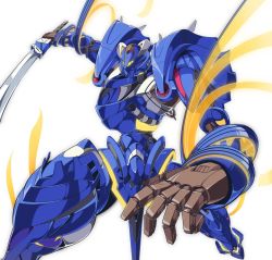 Rule 34 | 1990s (style), blue one, character request, gamiani zero, glowing, glowing eyes, holding, holding sword, holding weapon, looking at viewer, majestic prince, mecha, no humans, open hand, retro artstyle, robot, science fiction, solo, sword, weapon, white background, yellow eyes
