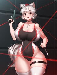 Rule 34 | absurdres, animal ears, bare shoulders, breasts, choker, cleavage, dog tags, gun, hat, highres, holding, holding weapon, huge breasts, inubashiri momiji, knife, large breasts, laser, looking at viewer, navel, one-piece swimsuit, open mouth, red eyes, short hair, swimsuit, tail, thigh strap, thighhighs, thighs, tochinoko, tokin hat, touhou, weapon, white hair, wolf ears, wolf girl, wolf tail