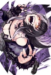 Rule 34 | 1girl, absurdres, artist name, black dress, black hair, black nails, boots, breasts, chest belt, choker, cleavage, dress, evil grin, evil smile, fur trim, grey hair, grin, hair ornament, highres, holding, holding scissors, hololive, hololive english, jewelry, kivo, lace, lace choker, large breasts, long eyelashes, long hair, looking at viewer, multicolored hair, open mouth, ring, scissors, sharp teeth, shiori novella, shiori novella (1st costume), smile, solo, split-color hair, teeth, two-tone hair, virtual youtuber, yellow eyes