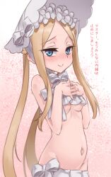 Rule 34 | 1girl, abigail williams (fate), abigail williams (swimsuit foreigner) (fate), abigail williams (swimsuit foreigner) (third ascension) (fate), bare shoulders, bikini, blonde hair, blue eyes, blush, bonnet, bow, breasts, closed mouth, fate/grand order, fate (series), forehead, galbany (tsgororin), hair bow, highres, long hair, looking at viewer, miniskirt, navel, parted bangs, pregnant, pregnant loli, sidelocks, skirt, small breasts, solo, stomach, swimsuit, translation request, twintails, underboob, variant set, very long hair, white bikini, white bow, white headwear