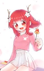 Rule 34 | 1girl, branch, breasts, ddorong, flower, food, food art, hair behind ear, hair flower, hair ornament, highres, holding, holding stick, kkochpin, korean commentary, looking at viewer, medium breasts, medium hair, original, petals, pink sweater, red eyes, red hair, skirt, smile, solo, stick, sweater, tako-san wiener, white background, white skirt