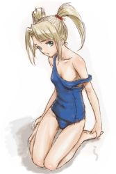 Rule 34 | 1girl, barefoot, blonde hair, blue eyes, flat chest, hands on feet, kneeling, one-piece swimsuit, petite, rasukaru, school swimsuit, sitting, sketch, solo, strap slip, swimsuit, thigh gap, thighs, twintails, wariza
