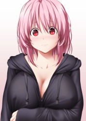 Rule 34 | 1girl, :d, black sweater, blush, breast hold, breasts, casual, cleavage, collarbone, commentary request, contemporary, gradient background, hair between eyes, highres, hood, hood down, hooded sweater, hoodie, large breasts, long hair, long sleeves, looking at viewer, no headwear, nori tamago, nose blush, open mouth, pink background, pink hair, red eyes, saigyouji yuyuko, short hair, sleeves past wrists, smile, solo, sweatdrop, sweater, touhou, white background, zipper