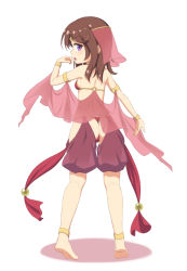 Rule 34 | 1girl, anklet, ass, bare shoulders, barefoot, blush, bracelet, breasts, brown hair, dancer, from behind, full body, jewelry, kneepits, midriff, original, purple eyes, sasaame, simple background, small breasts, solo, white background