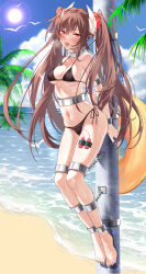 Rule 34 | 1girl, absurdres, arms behind back, ass, azur lane, bare shoulders, barefoot, beach, bikini, bird, black bikini, blue sky, blush, bound, breasts, brown hair, chain, chained, cleavage, cloud, cloudy sky, collarbone, commentary, cuffs, day, devil heavens, drooling, feet, full body, furrowed brow, groin, hair between eyes, hair ornament, hair scrunchie, half-closed eyes, halterneck, haruna (azur lane), heavy breathing, highres, horns, immobilization, innertube, legs together, lens flare, long hair, looking at viewer, medium breasts, moaning, navel, ocean, open mouth, outdoors, palm leaf, palm tree, pole, red eyes, red scrunchie, restrained, saliva, scrunchie, sex toy, shackles, shadow, side-tie bikini bottom, sidelocks, sky, solo, stationary restraints, stomach, string bikini, sun, sweat, swim ring, swimsuit, tape, teeth, tongue, tongue out, tree, twintails, underboob, upper teeth only, vibrator, water