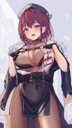 Rule 34 | 1girl, absurdres, ara1e, bare shoulders, beret, black choker, black gloves, black hat, black pantyhose, blush, breasts, choker, cleavage, covered navel, fur-trimmed jacket, fur trim, gloves, hair between eyes, hat, heterochromia, highres, hololive, houshou marine, houshou marine (businesswoman), id card, jacket, large breasts, looking at viewer, open mouth, pantyhose, red eyes, red hair, shark girl, short hair, smile, solo, virtual youtuber, yellow eyes