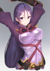 Rule 34 | 1girl, arm guards, arms up, bodysuit, breasts, cleavage, closed mouth, covered navel, cropped torso, fate/grand order, fate (series), gradient background, hair between eyes, highres, large breasts, long hair, looking at viewer, minamoto no raikou (fate), puffy sleeves, purple bodysuit, purple eyes, purple hair, reuri (tjux4555), ribbed sleeves, shrug (clothing), sidelocks, simple background, smile, solo, thick eyebrows