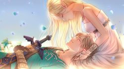 Rule 34 | 1boy, 1girl, bare arms, bare shoulders, blonde hair, blue background, blue tunic, blurry, bracelet, breasts, brown hair, closed eyes, depth of field, dress, earrings, flower, from side, gloves, happy, highres, holding, holding sword, holding weapon, jewelry, kkamang egg, lap pillow, link, long hair, necklace, nintendo, petals, pointy ears, princess zelda, profile, short hair, smile, straight hair, strapless, strapless dress, sword, the legend of zelda, the legend of zelda: breath of the wild, weapon, white dress