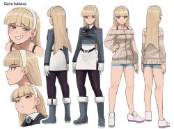 Rule 34 | &gt;:(, 1girl, black pantyhose, blonde hair, blue shorts, blunt bangs, boots, brown jacket, character name, character sheet, claire volikova, closed mouth, collarbone, collared dress, cropped jacket, dress, earrings, frown, fur-trimmed boots, fur trim, grey footwear, grey jacket, grin, hairband, hand on own hip, highres, jacket, jewelry, jourd4n, kneepits, long hair, long sleeves, multiple views, off-shoulder jacket, off shoulder, original, pantyhose, puffy long sleeves, puffy sleeves, red eyes, shorts, sleeves past wrists, smile, v-shaped eyebrows, very long hair, white dress, white hairband