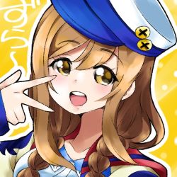 Rule 34 | 1girl, :d, alternate hairstyle, artist request, blush, braid, brown eyes, brown hair, clothes writing, corset, female focus, group name, hair between eyes, hat, index fingers raised, jacket, jewelry, kunikida hanamaru, long hair, looking at viewer, love live!, love live! sunshine!!, multicolored clothes, multicolored skirt, open mouth, pendant, shirt, simple background, skirt, smile, solo, twin braids