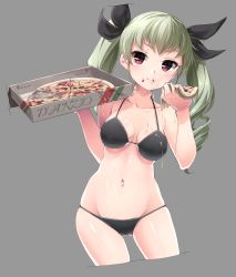 Rule 34 | 10s, 1girl, anchovy (girls und panzer), anchovy (girls und panzer), bikini, black bikini, black ribbon, blush, breasts, eating, food, girls und panzer, green hair, grey background, hair ribbon, long hair, medium breasts, navel, nigiriushi, pizza, pizza box, red eyes, ribbon, simple background, swimsuit, twintails