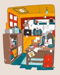 Rule 34 | !, 1girl, backpack, bag, bird, black skirt, book, brown hair, cabinet, carpet, daisukerichard, daruma, dated commentary, fish, fish tank, flat color, highres, holding, indoors, light bulb, long sleeves, medium hair, messy room, neckerchief, original, pencil case, penguin, red bag, red neckerchief, shelf, shirt, simple background, sitting, skirt, solo, table, thermos, white shirt, window