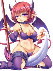Rule 34 | 1girl, ass, blush, breasts, highres, horns, monster girl, nail polish, open mouth, original, purple eyes, red hair, roro (sghona10), short hair, tail, weapon, wings
