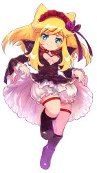 Rule 34 | 1girl, anyamal tantei kirumin zoo, aqua eyes, black dress, blonde hair, bloomers, boots, bow, breasts, cleavage cutout, clothes lift, clothing cutout, commentary, dress, dress lift, flower, full body, hair bow, hair flower, hair ornament, hair ribbon, hairband, hatori kanon, highres, leg up, lifting own clothes, maid headdress, medium breasts, nyama, purple bow, purple footwear, purple ribbon, red hairband, red neckwear, red ribbon, ribbon, sidelocks, simple background, solo, thigh strap, underboob, underwear, white background, white bloomers