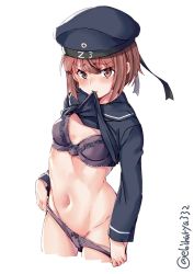 Rule 34 | 1girl, blush, bow, bow bra, bra, breasts, brown eyes, brown hair, clothes lift, clothes writing, commentary request, cowboy shot, dress, dress lift, ebifurya, gluteal fold, groin, hair between eyes, hair ribbon, hat, highres, holding, kantai collection, lace, lace-trimmed bra, lace-trimmed panties, lace trim, long sleeves, looking at viewer, military hat, mouth hold, navel, panties, panty pull, ribbon, sailor collar, sailor dress, sailor hat, short hair, simple background, small breasts, solo, standing, twitter username, underwear, white background, z3 max schultz (kancolle)