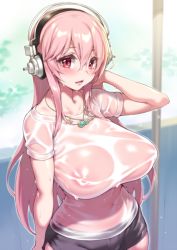 Rule 34 | 1girl, blouse, blush, breasts, fuya (tempupupu), headphones, large breasts, long hair, looking at viewer, nitroplus, open mouth, pink hair, red eyes, shirt, solo, super sonico, wet, wet clothes, wet hair, wet shirt, white shirt
