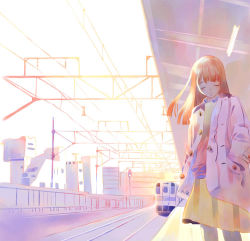 Rule 34 | 1girl, blush, brown hair, cable, closed eyes, coat, cowboy shot, hands in pockets, head down, jacket, long hair, open clothes, open coat, original, railroad tracks, skirt, smile, solo, standing, train, train station, unbuttoned
