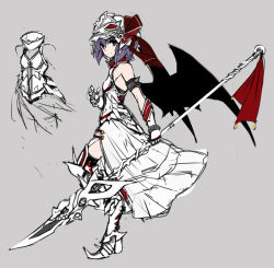 Rule 34 | 1girl, alternate costume, armband, armor, armored dress, bad id, bad pixiv id, bare shoulders, bat wings, elbow gloves, gloves, helmet, looking at viewer, armored boots, metal gloves, purple hair, red eyes, remilia scarlet, solo, spear the gungnir, takemori shintarou, touhou, wings