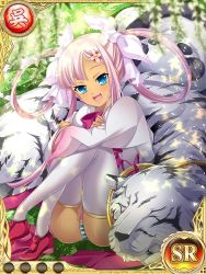 Rule 34 | 1girl, blue eyes, crossed arms, fang, hikage eiji, knees to chest, koihime musou, long hair, official art, open mouth, panties, pink hair, ribbon, shirt, shoes, sitting, skirt, smile, sonshoukou, striped clothes, striped panties, thighhighs, tiger, twintails, underwear, white thighhighs